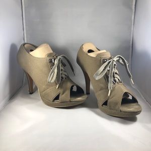 Cute Lace-Up Army Green Canvas Heels, Sz 9